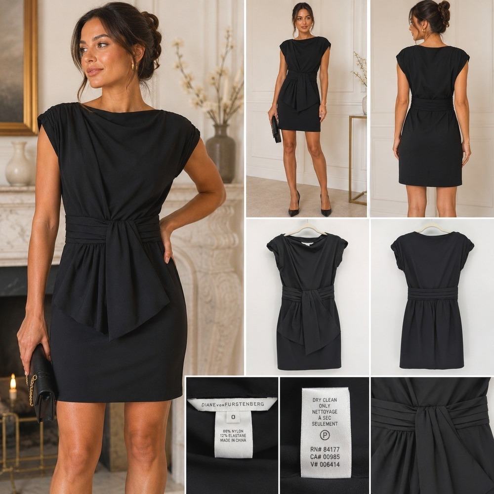 Diane von Furstenberg DVF Black Draped Tie Waist Sheath Dress Size 0